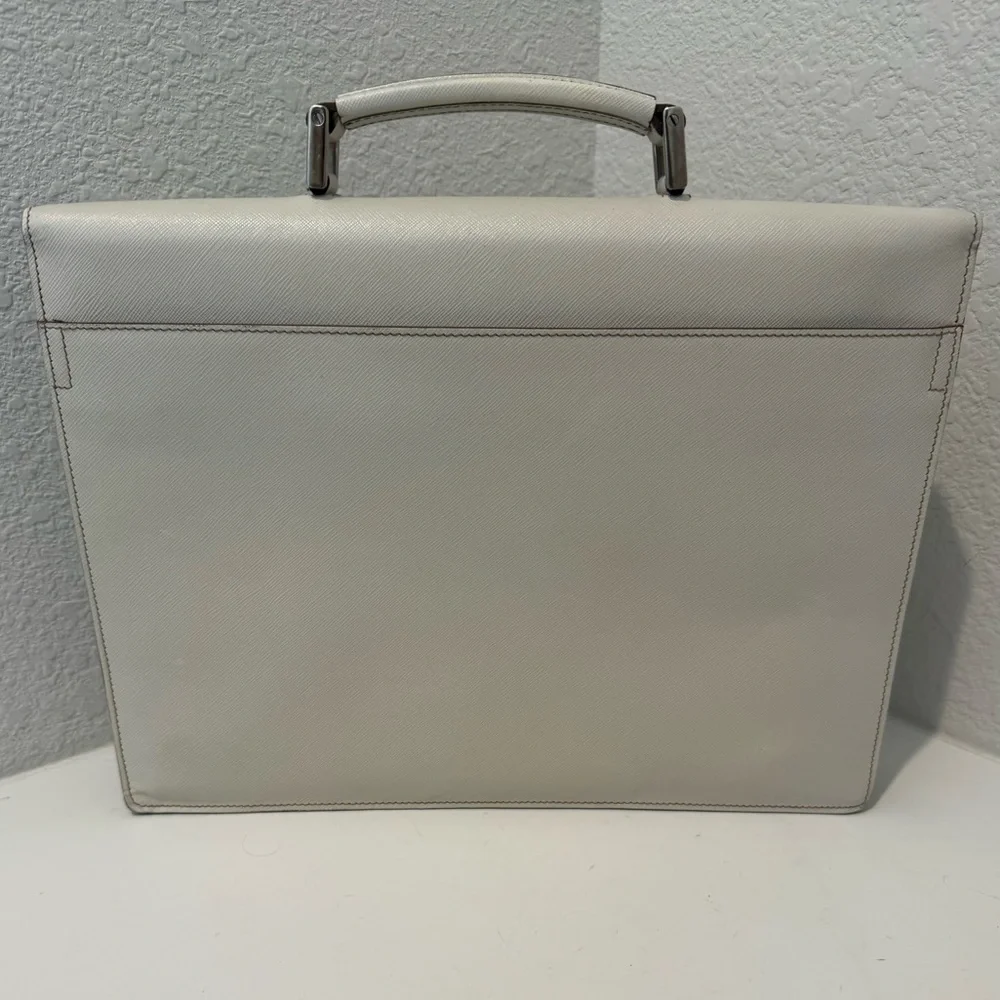 PRADA Ivory White Saffiano Leather Slim Flap Briefcase Laptop Bag With Lock